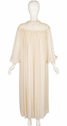1930s 3D Floral Lace Cream Silk Chiffon Peignoir