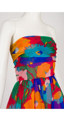 1980s Floral Silk Organza Strapless Gown