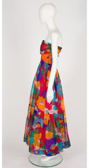 1980s Floral Silk Organza Strapless Gown