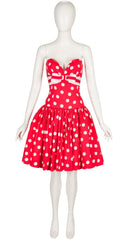 1980s Red & White Polka Dot Cotton Strapless Party Dress