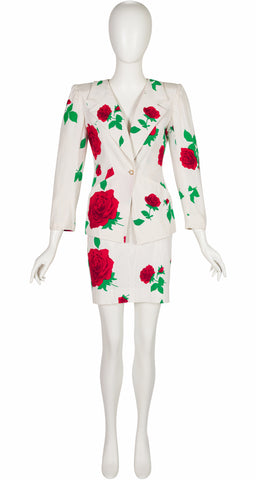 1980s Rose Print White Faille Skirt Suit