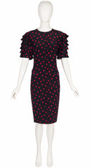 1980s Tomato Print Black Silk Ruffle Sleeve Dress