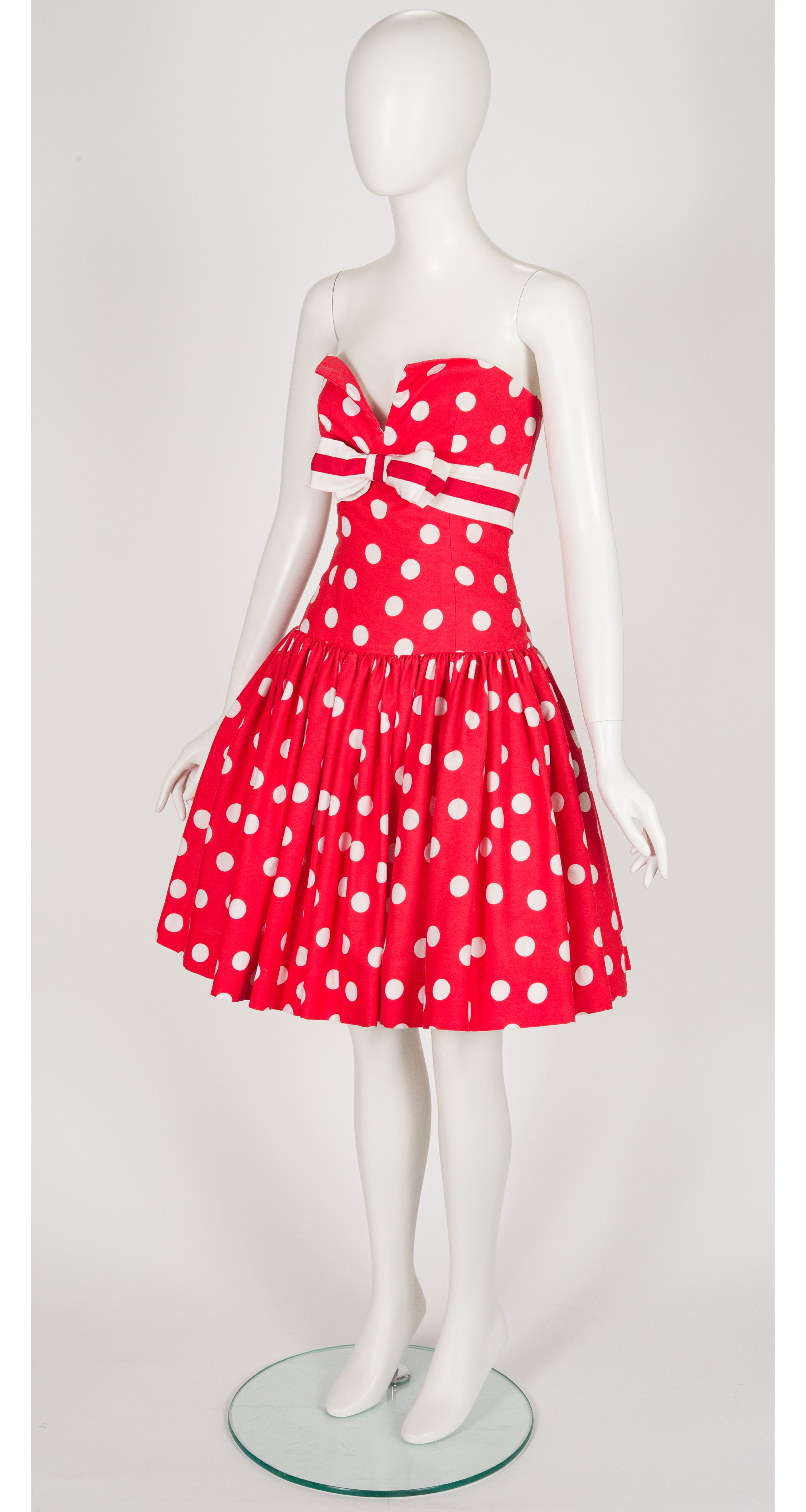 1980s Red & White Polka Dot Cotton Strapless Party Dress