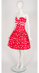 1980s Red & White Polka Dot Cotton Strapless Party Dress