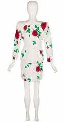 1980s Rose Print White Faille Skirt Suit