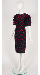1980s Tomato Print Black Silk Ruffle Sleeve Dress
