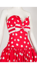 1980s Red & White Polka Dot Cotton Strapless Party Dress