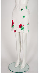 1980s Rose Print White Faille Skirt Suit