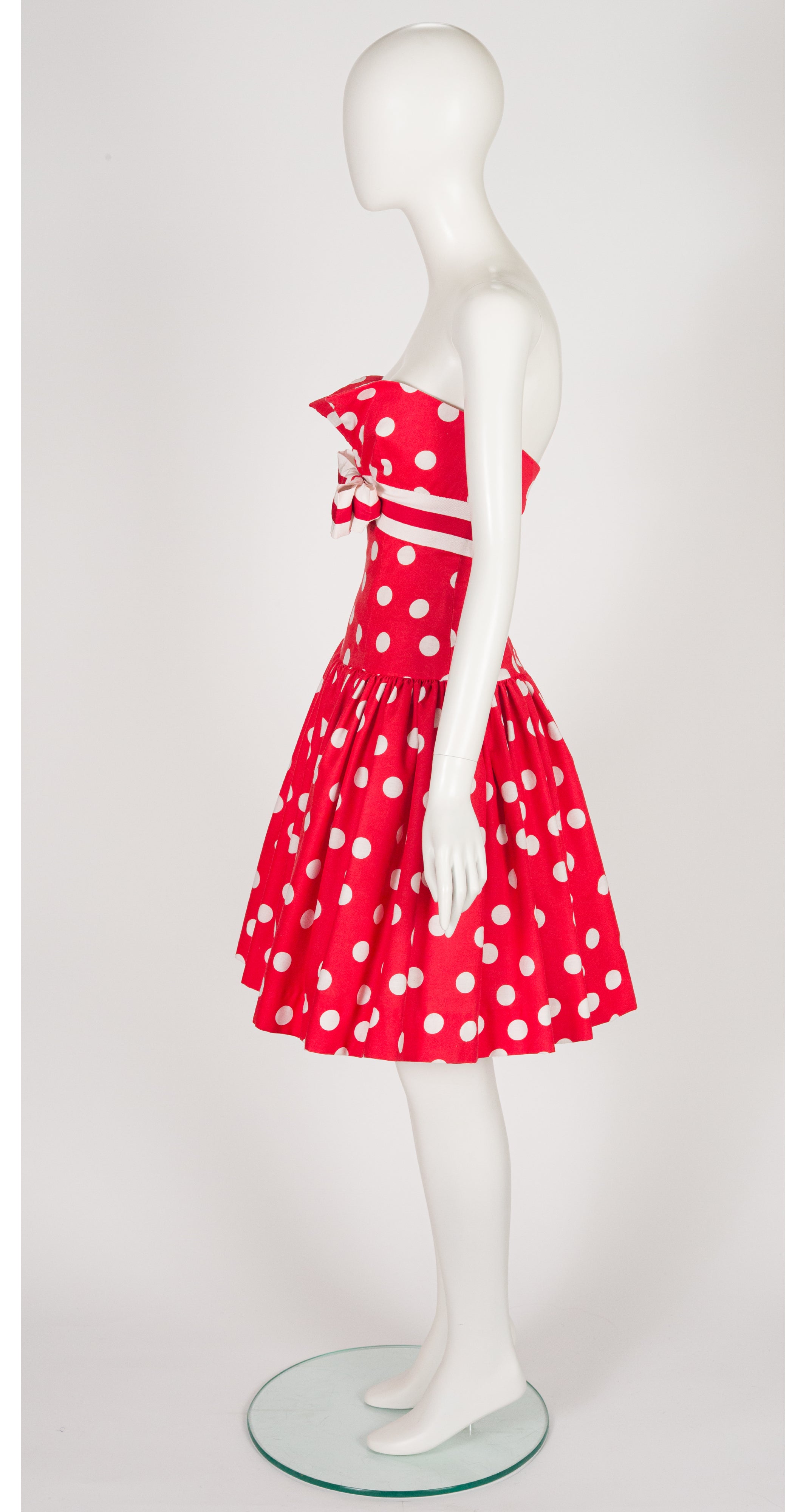 1980s Red & White Polka Dot Cotton Strapless Party Dress