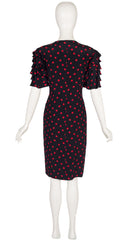1980s Tomato Print Black Silk Ruffle Sleeve Dress