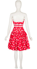 1980s Red & White Polka Dot Cotton Strapless Party Dress
