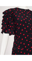 1980s Tomato Print Black Silk Ruffle Sleeve Dress