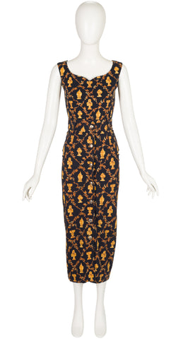 1980s Neoclassical Print Gold & Black Cotton Jersey Skirt Set