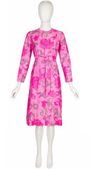 1960s Lotus Flower Print Pink Thai Silk Bow Dress