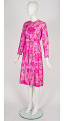 1960s Lotus Flower Print Pink Thai Silk Bow Dress