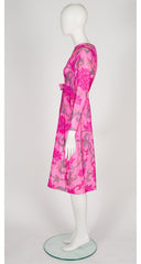 1960s Lotus Flower Print Pink Thai Silk Bow Dress