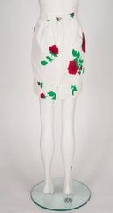 1980s Rose Print White Faille Skirt Suit
