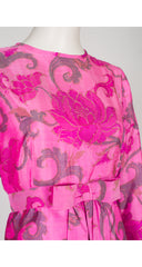 1960s Lotus Flower Print Pink Thai Silk Bow Dress
