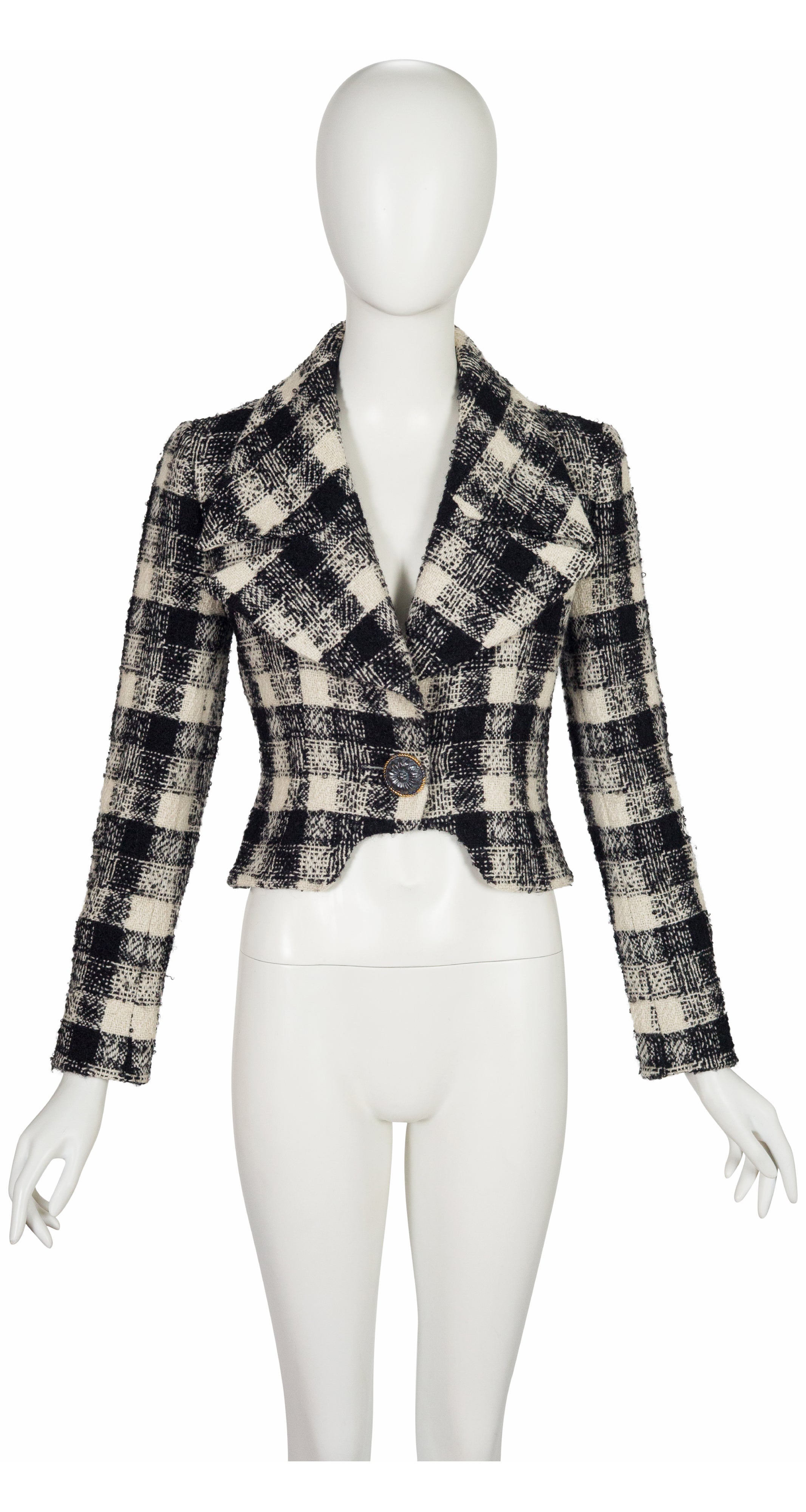 1990-91 F/W Black & Cream Plaid Wool Tweed Cropped Jacket