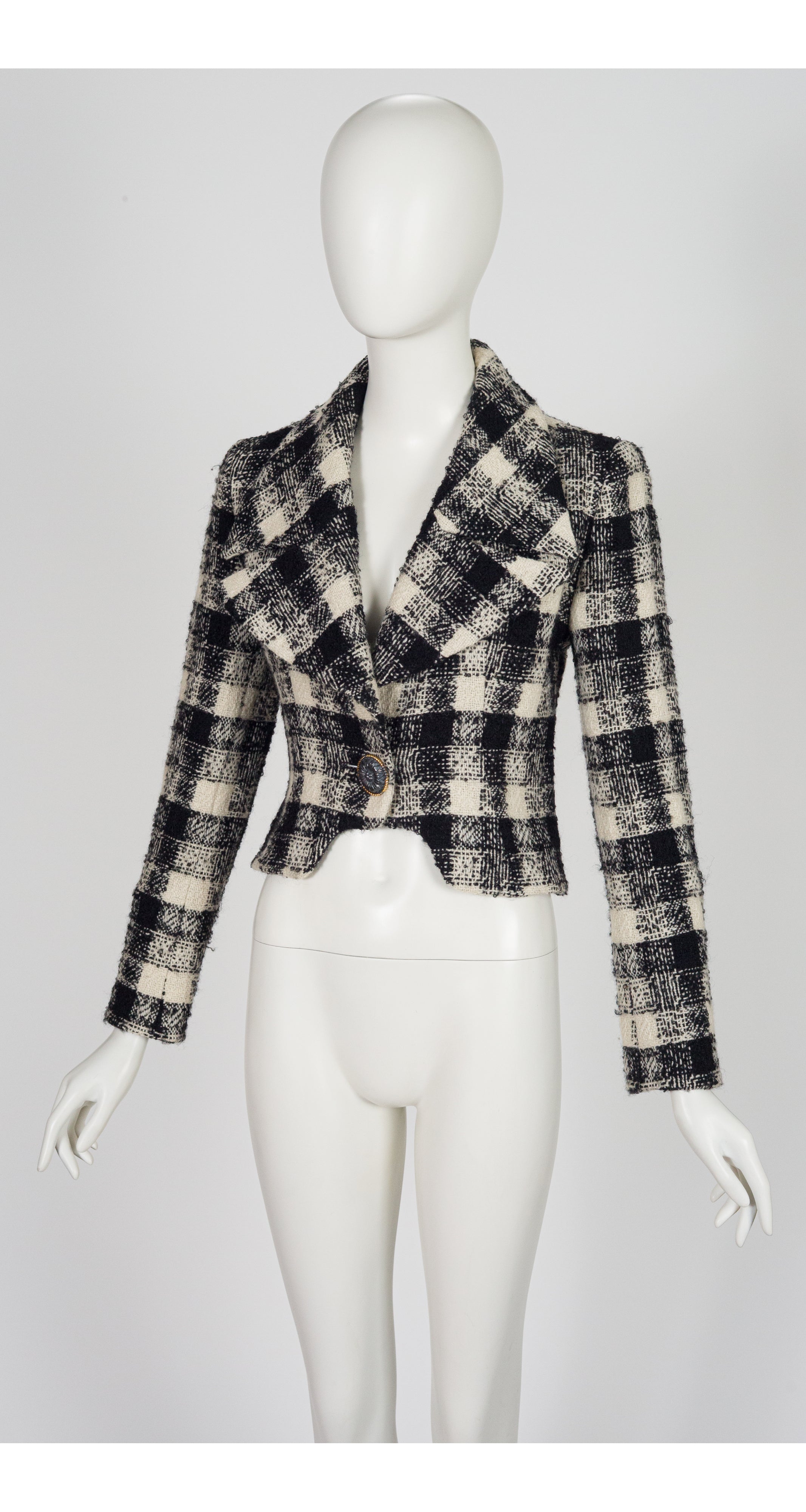 1990-91 F/W Black & Cream Plaid Wool Tweed Cropped Jacket