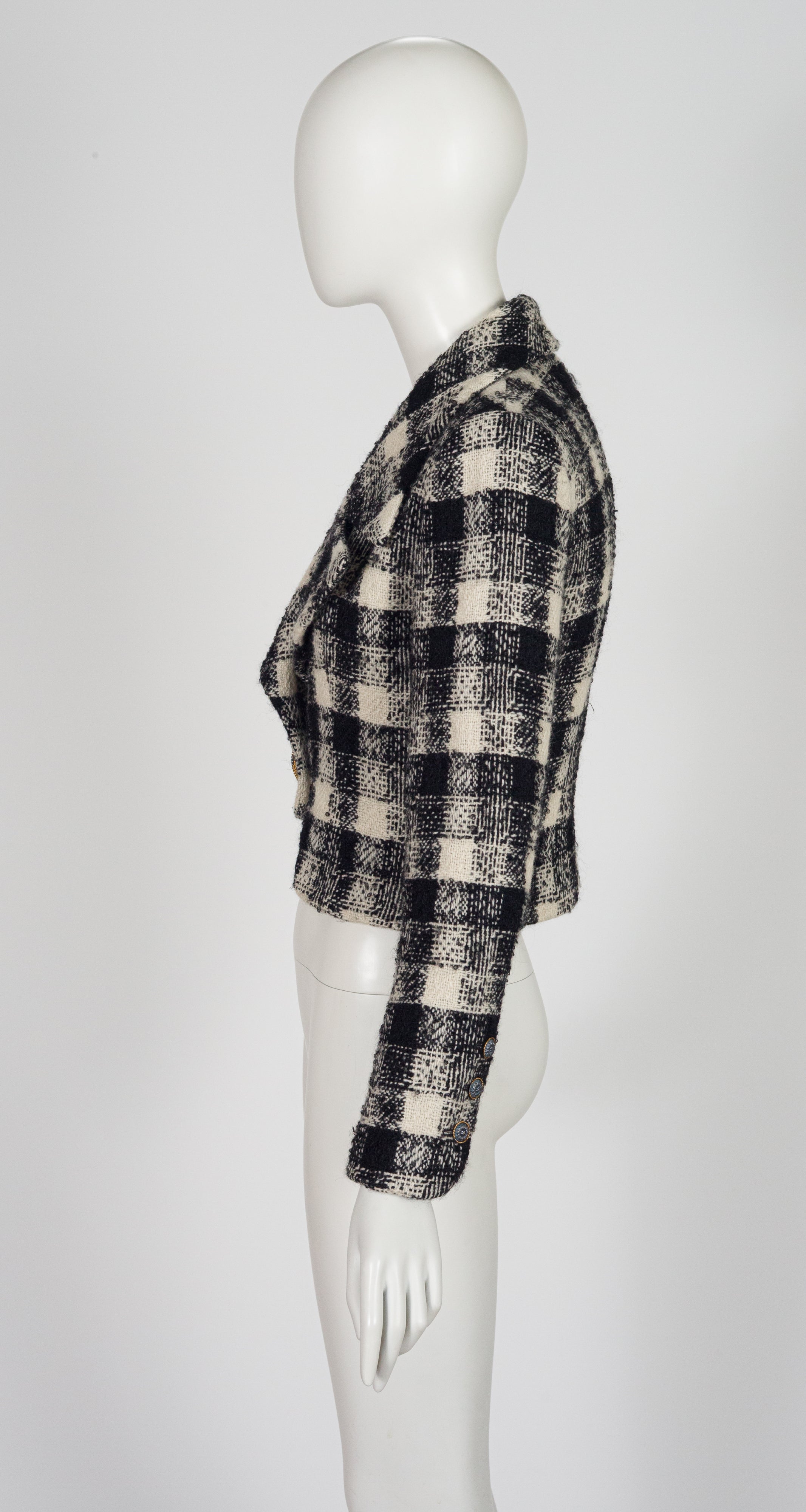 1990-91 F/W Black & Cream Plaid Wool Tweed Cropped Jacket