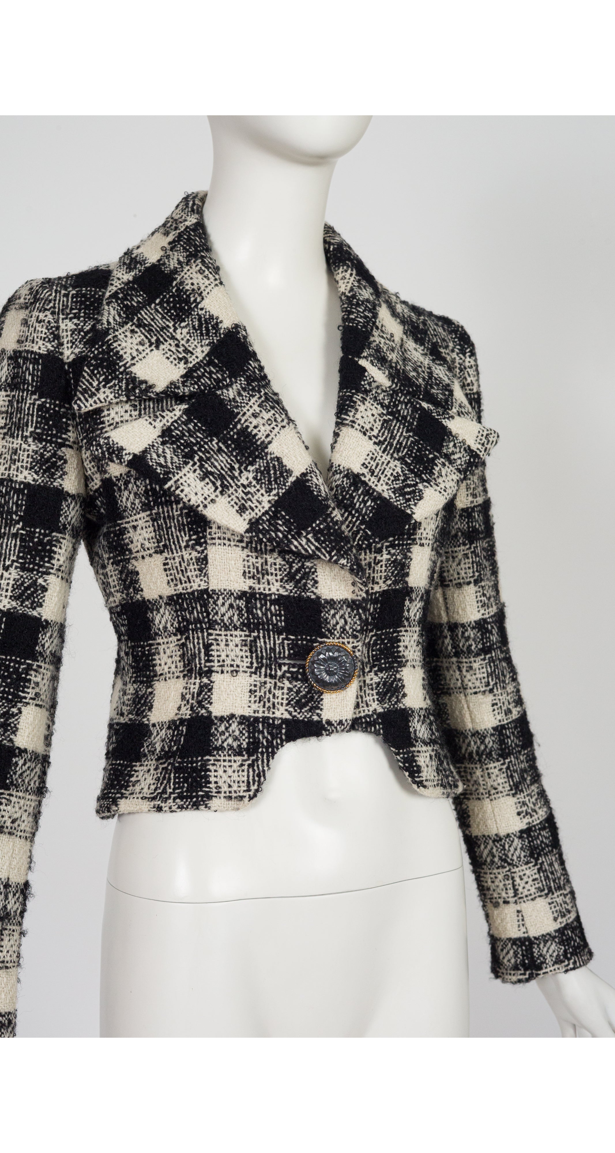 1990-91 F/W Black & Cream Plaid Wool Tweed Cropped Jacket