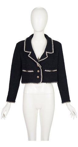 1990s Black Wool Bouclé Contrast Trim Cropped Jacket