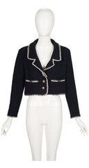 1990s Black Wool Bouclé Contrast Trim Cropped Jacket