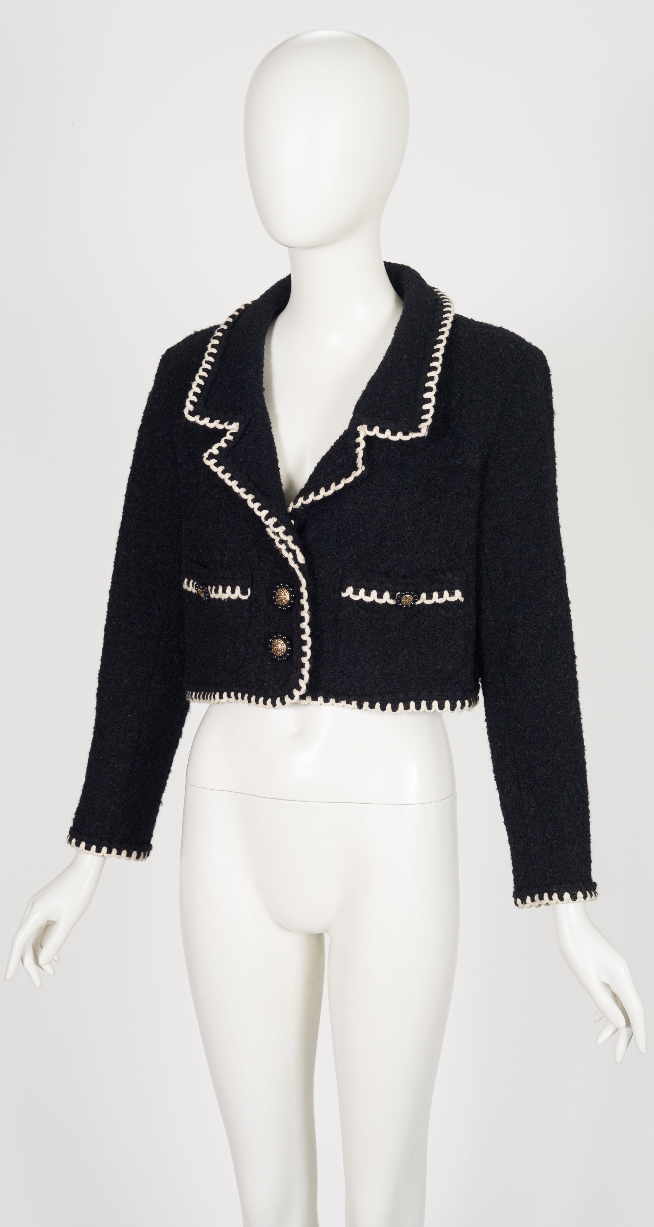 1990s Black Wool Bouclé Contrast Trim Cropped Jacket