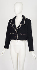 1990s Black Wool Bouclé Contrast Trim Cropped Jacket