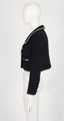 1990s Black Wool Bouclé Contrast Trim Cropped Jacket
