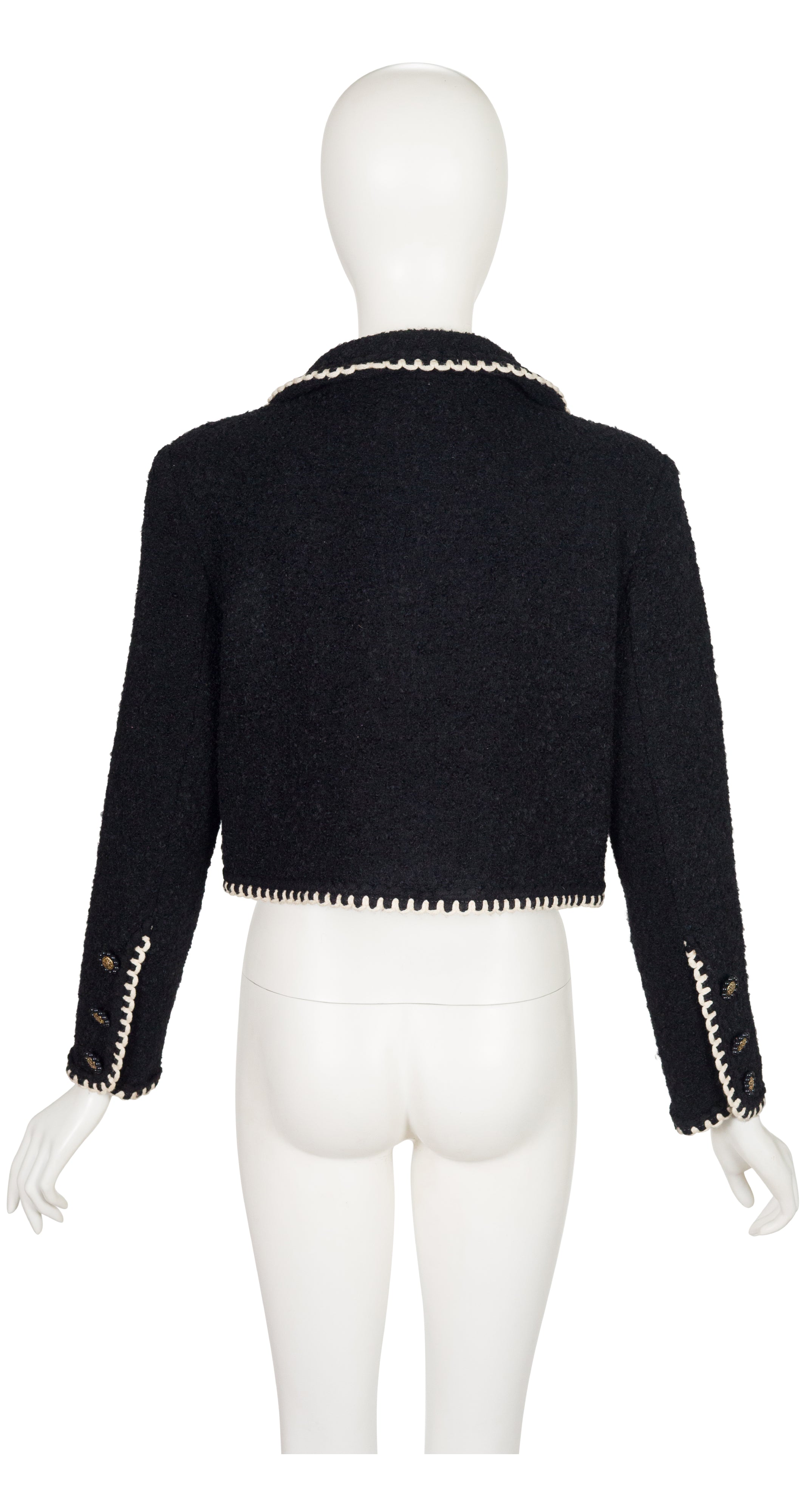 1990s Black Wool Bouclé Contrast Trim Cropped Jacket
