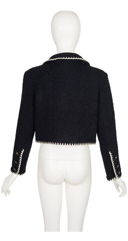 1990s Black Wool Bouclé Contrast Trim Cropped Jacket
