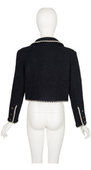 1990s Black Wool Bouclé Contrast Trim Cropped Jacket