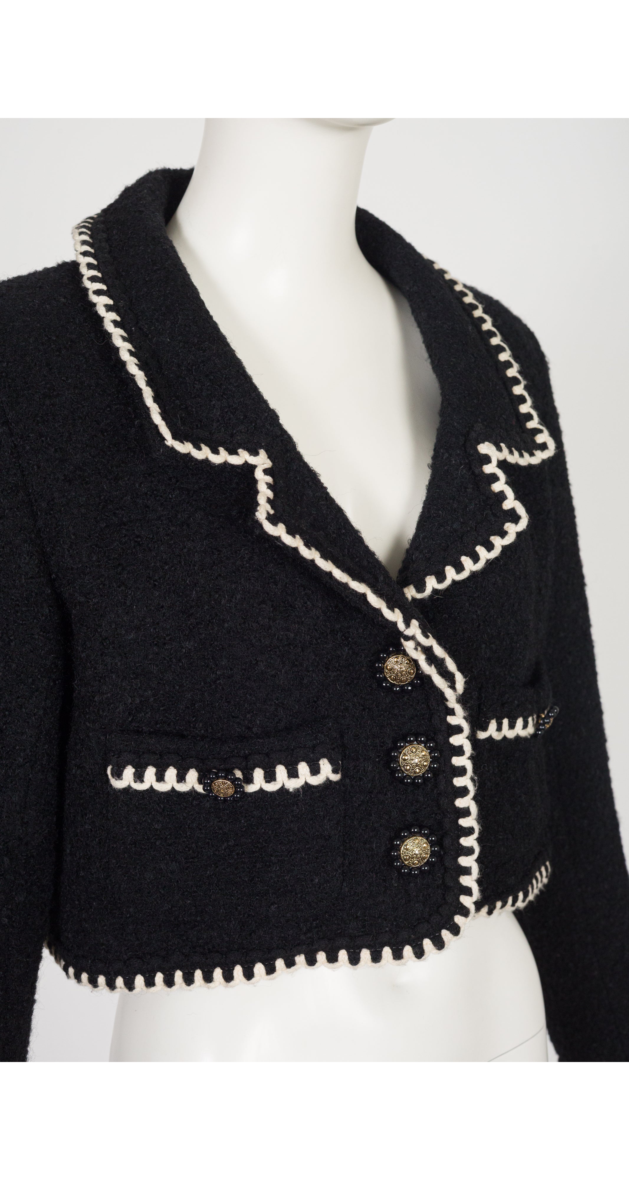 1990s Black Wool Bouclé Contrast Trim Cropped Jacket