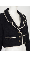 1990s Black Wool Bouclé Contrast Trim Cropped Jacket