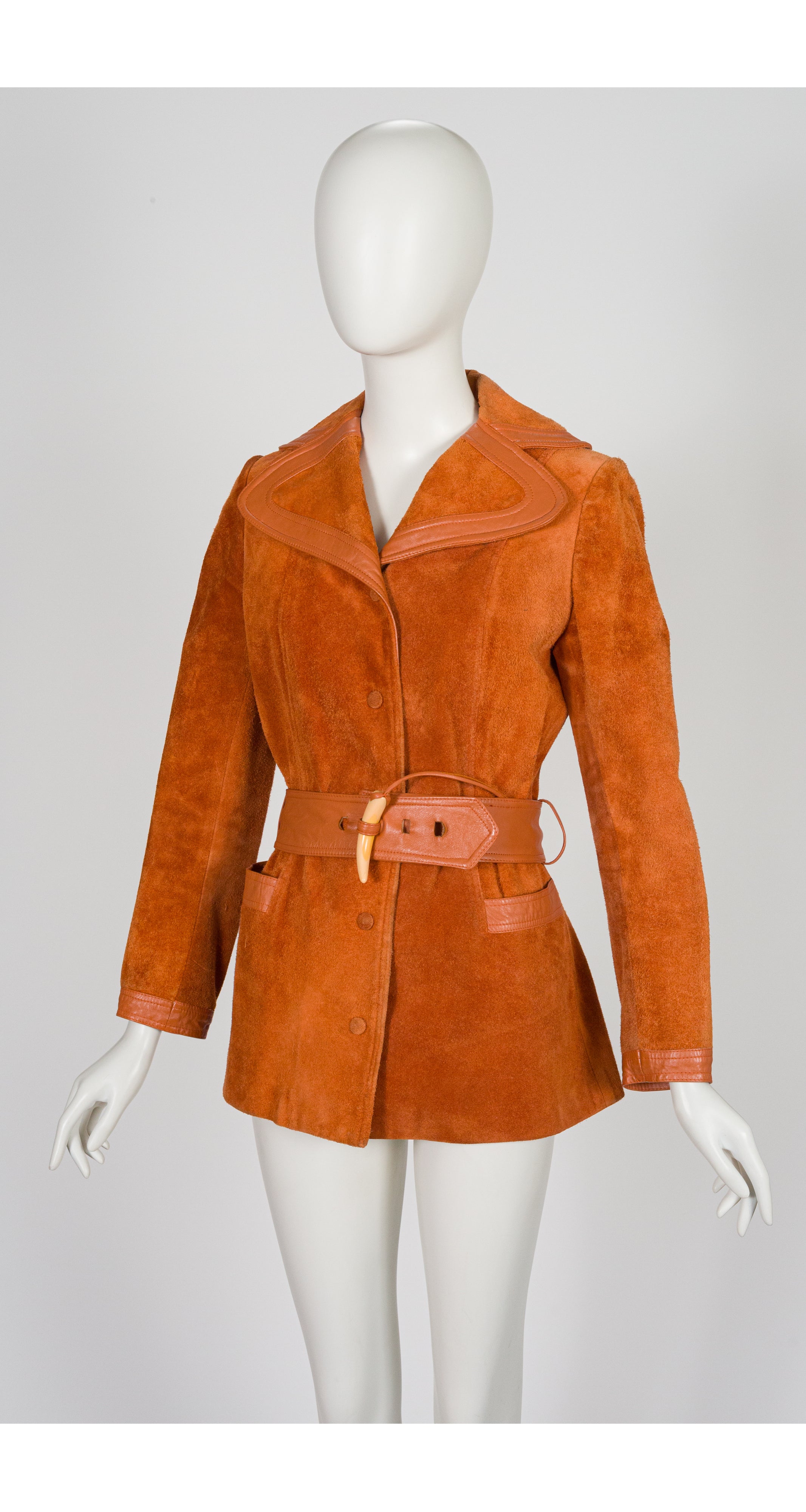 1970s Burnt Orange Suede & Leather Horn Toggle Jacket