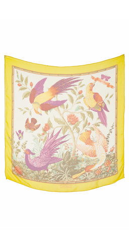 1990s "Omaggio ai Raineri" Bird Print Chartreuse Silk Chiffon Scarf