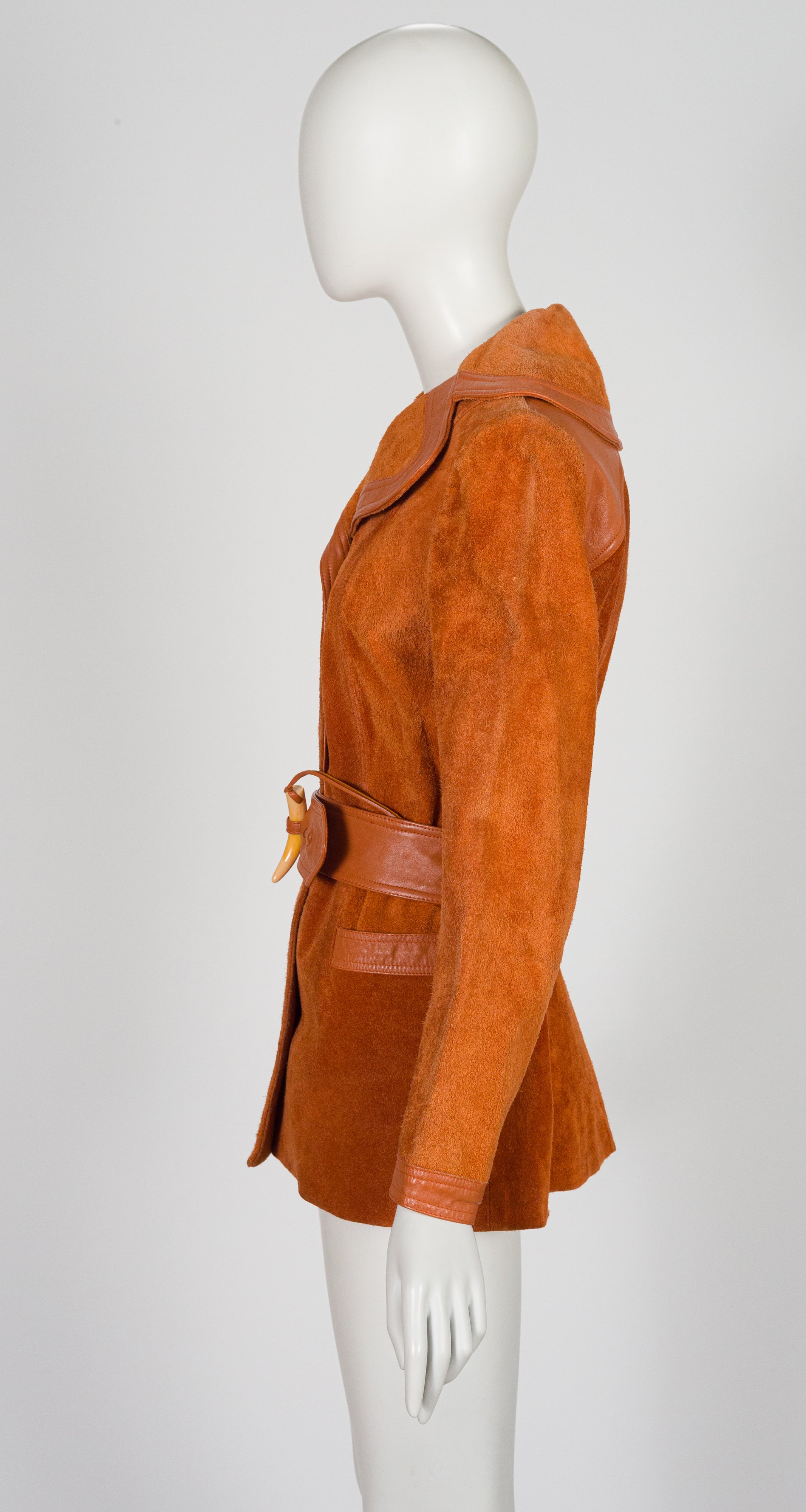 1970s Burnt Orange Suede & Leather Horn Toggle Jacket