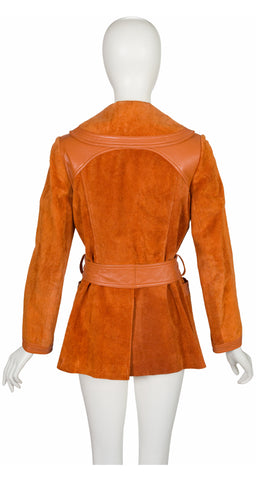 1970s Burnt Orange Suede & Leather Horn Toggle Jacket