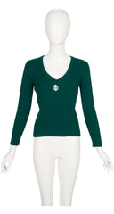 1970s Logo Dark Green Ribbed Wool V-Neck Sweater