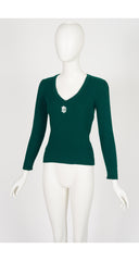 1970s Logo Dark Green Ribbed Wool V-Neck Sweater