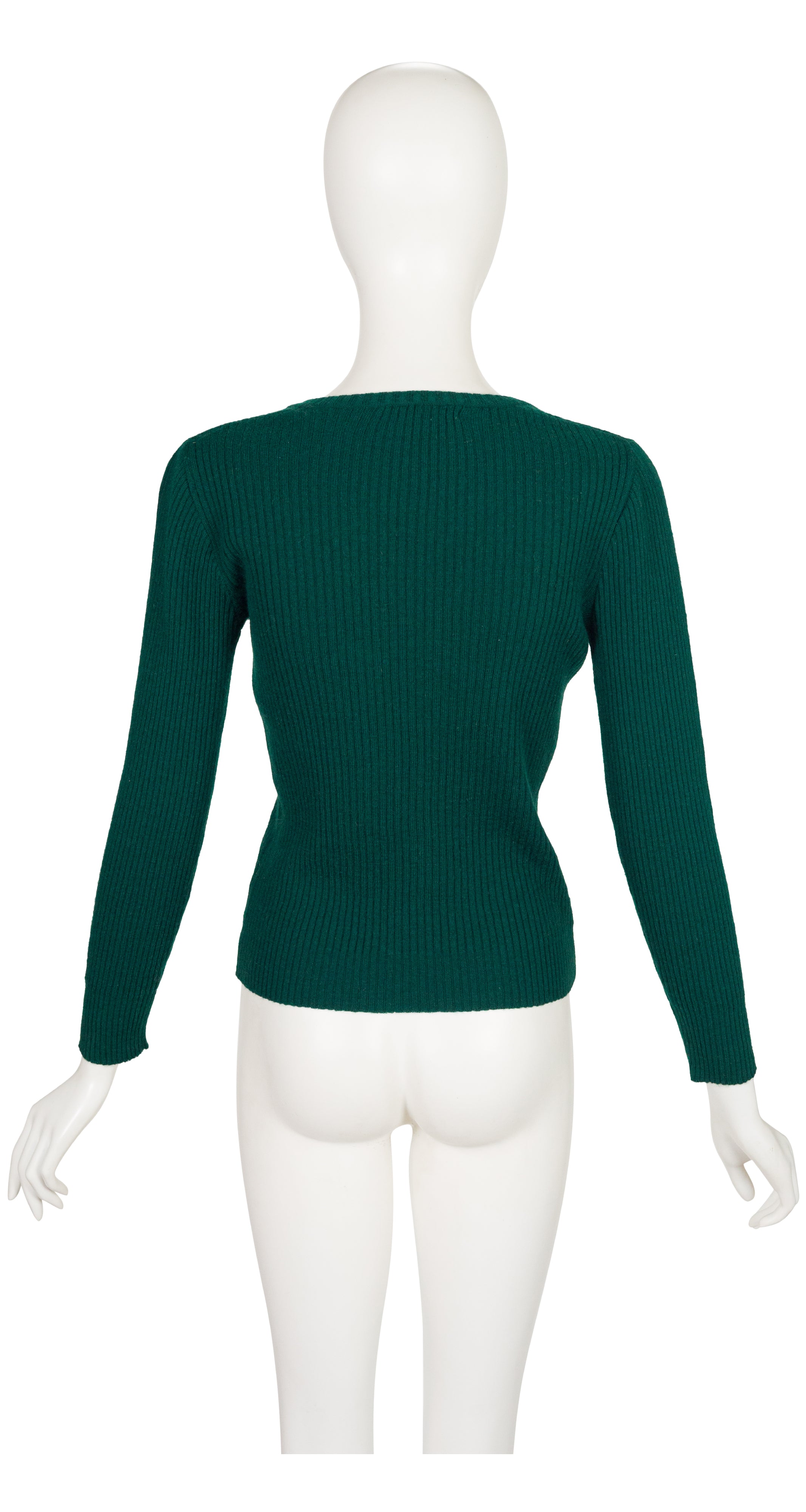 1970s Logo Dark Green Ribbed Wool V-Neck Sweater