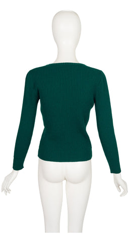 1970s Logo Dark Green Ribbed Wool V-Neck Sweater