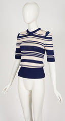 1970s Striped Navy & Cream Cotton Knit Short Sleeve Top