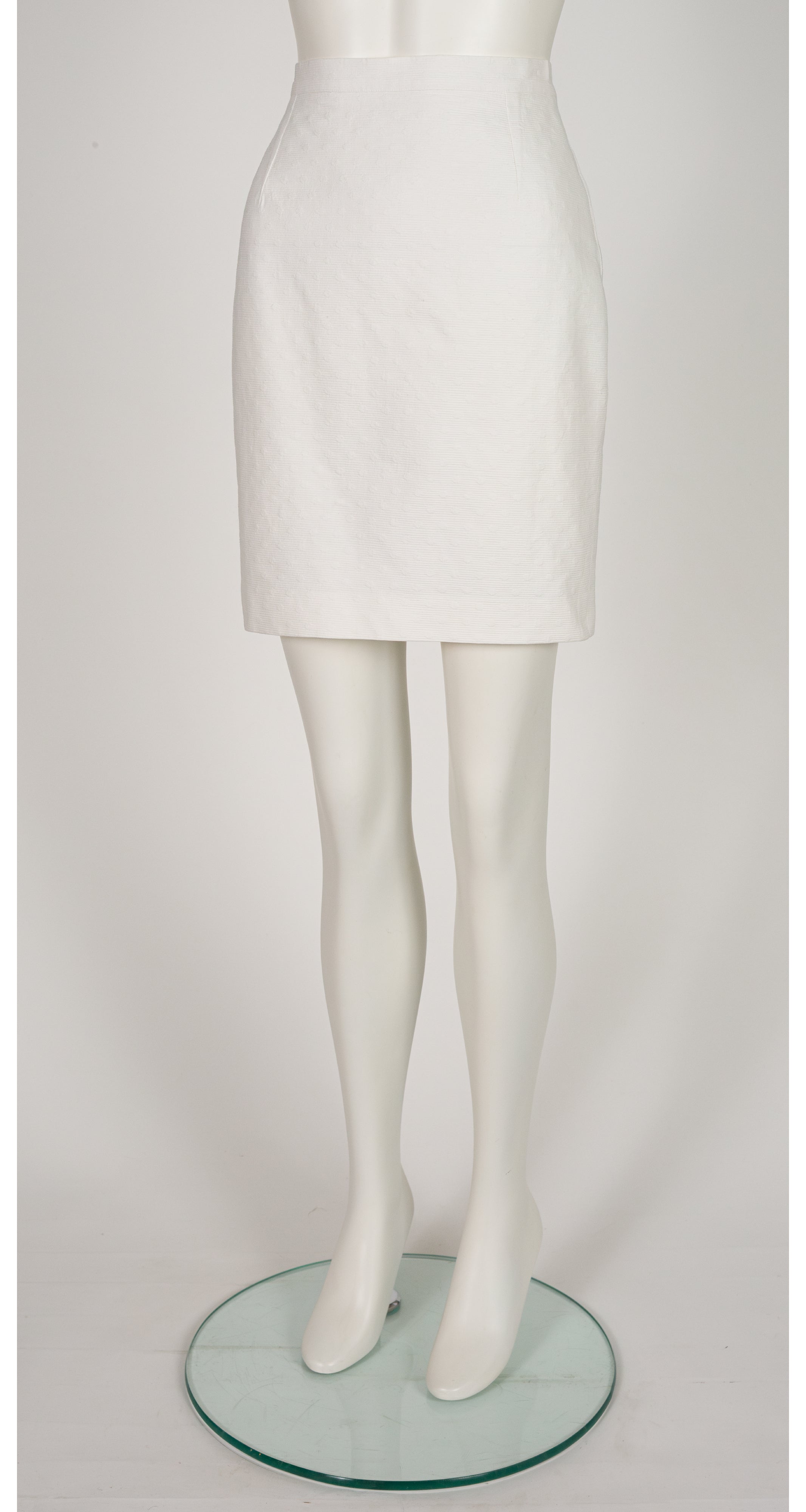 1990s Polka Dot White Cotton Lattice Sleeve Skirt Suit