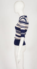 1970s Striped Navy & Cream Cotton Knit Short Sleeve Top