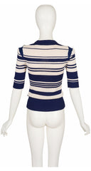 1970s Striped Navy & Cream Cotton Knit Short Sleeve Top