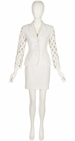 1990s Polka Dot White Cotton Lattice Sleeve Skirt Suit
