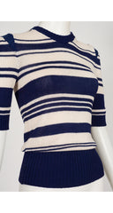1970s Striped Navy & Cream Cotton Knit Short Sleeve Top